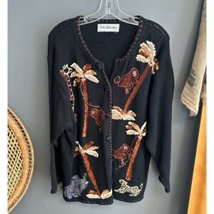 Vintage Peter Valentine Womens Sz L Cardigan Sweater Monkey Jungle Novelty Top